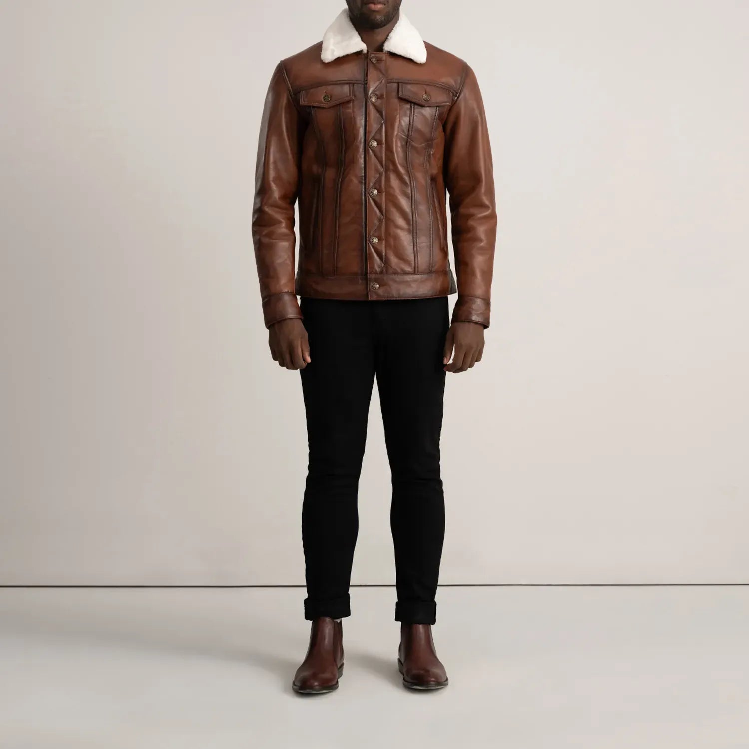 Maverick Brown Shearling Trucker Jacket – Men's Genuine Leather Winter Jacket