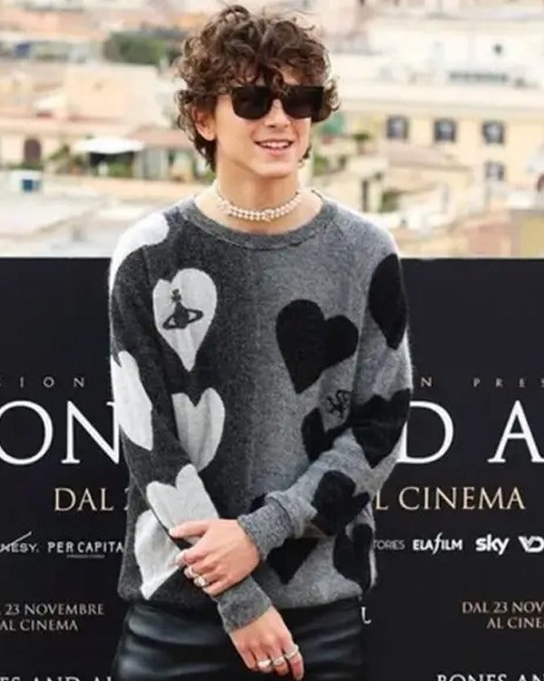 Timothée Chalamet Bones and All 2022 Grey & Black Heart Pattern Knit Sweater