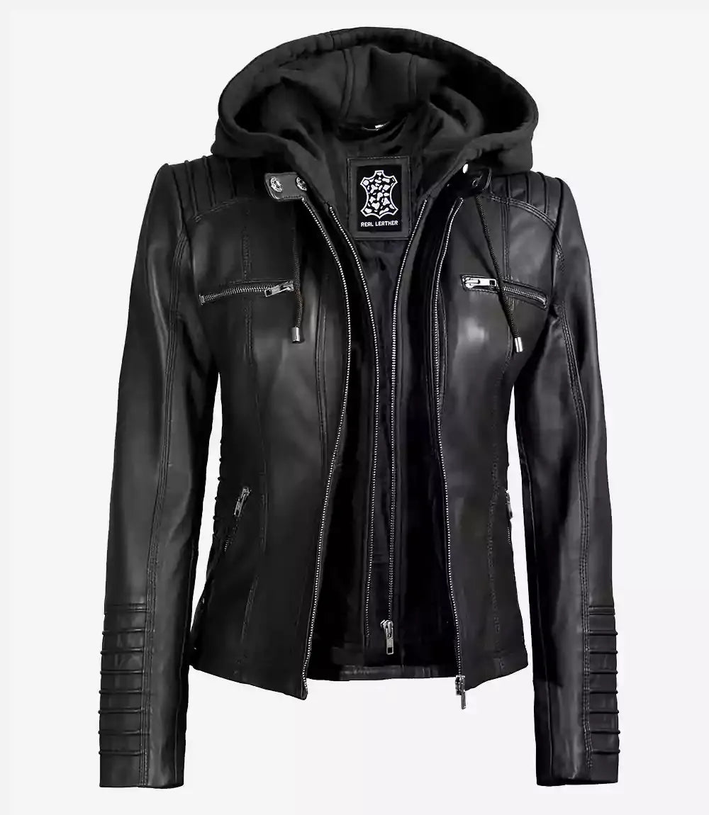 Avery Black Leather Hooded Jacket