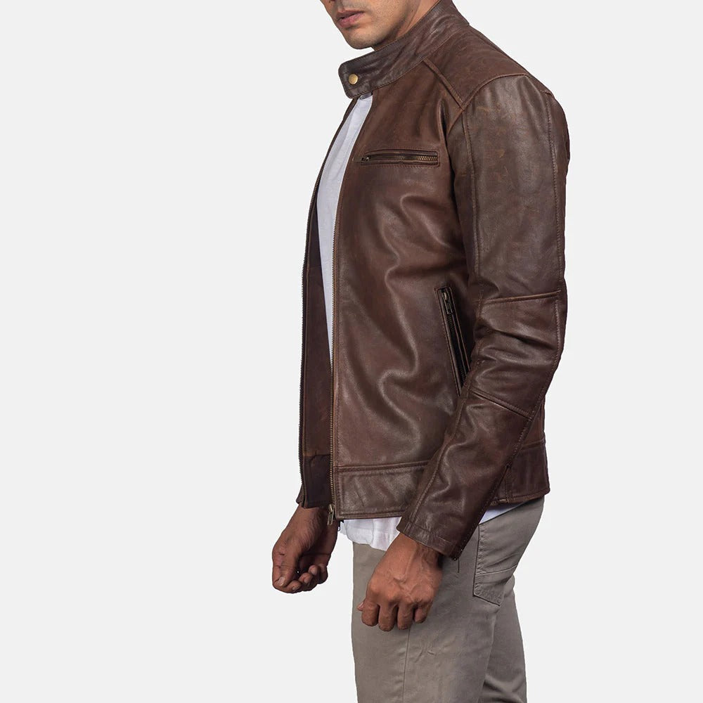 Men's Brown Genuine Leather Cafe Racer Jacket