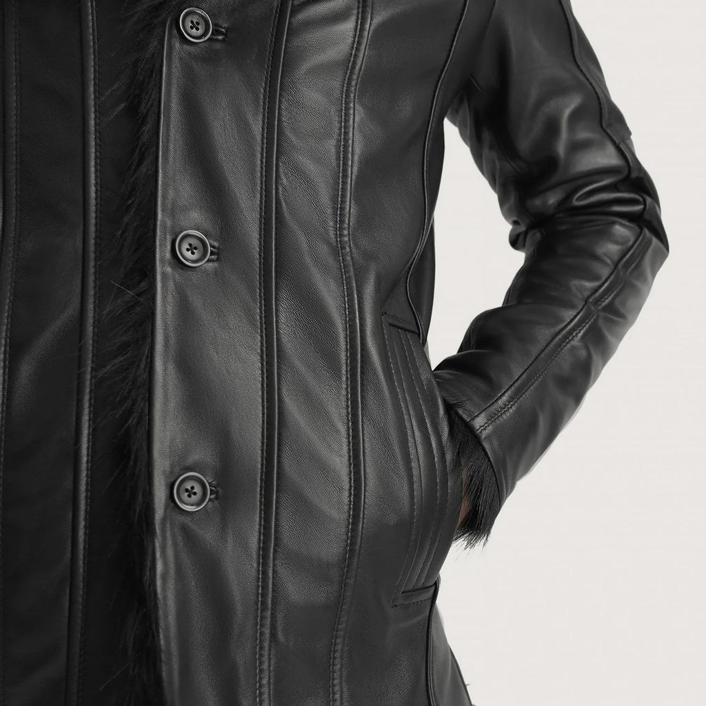 Raven Black Leather Coat with Faux Fur Trim – Men's Winter Coat