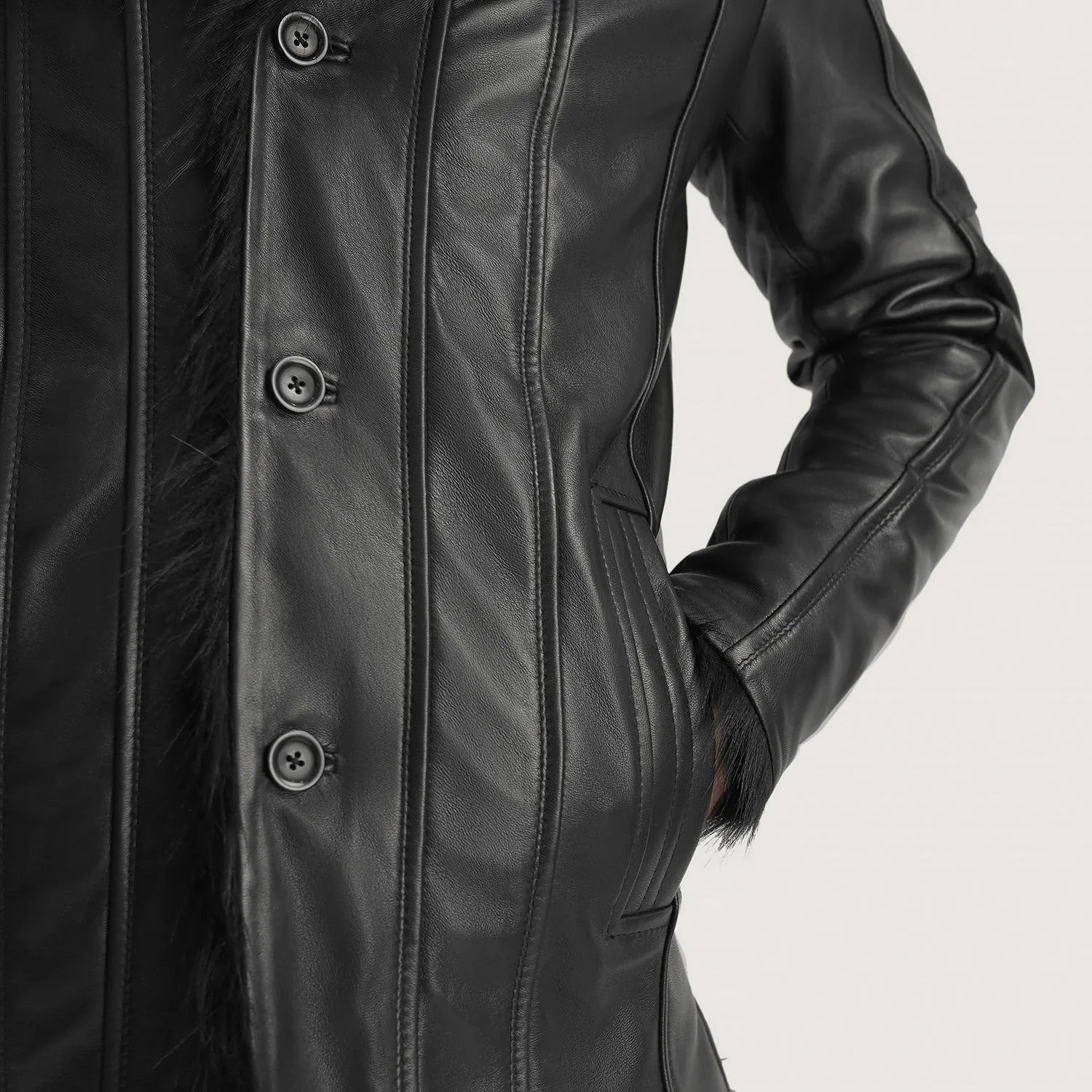 Raven Black Leather Coat with Faux Fur Trim – Men's Winter Coat