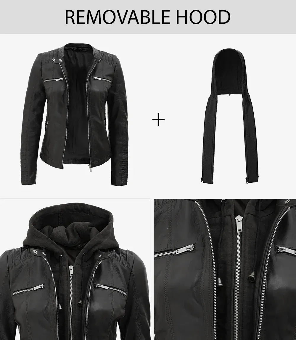 Avery Black Leather Hooded Jacket