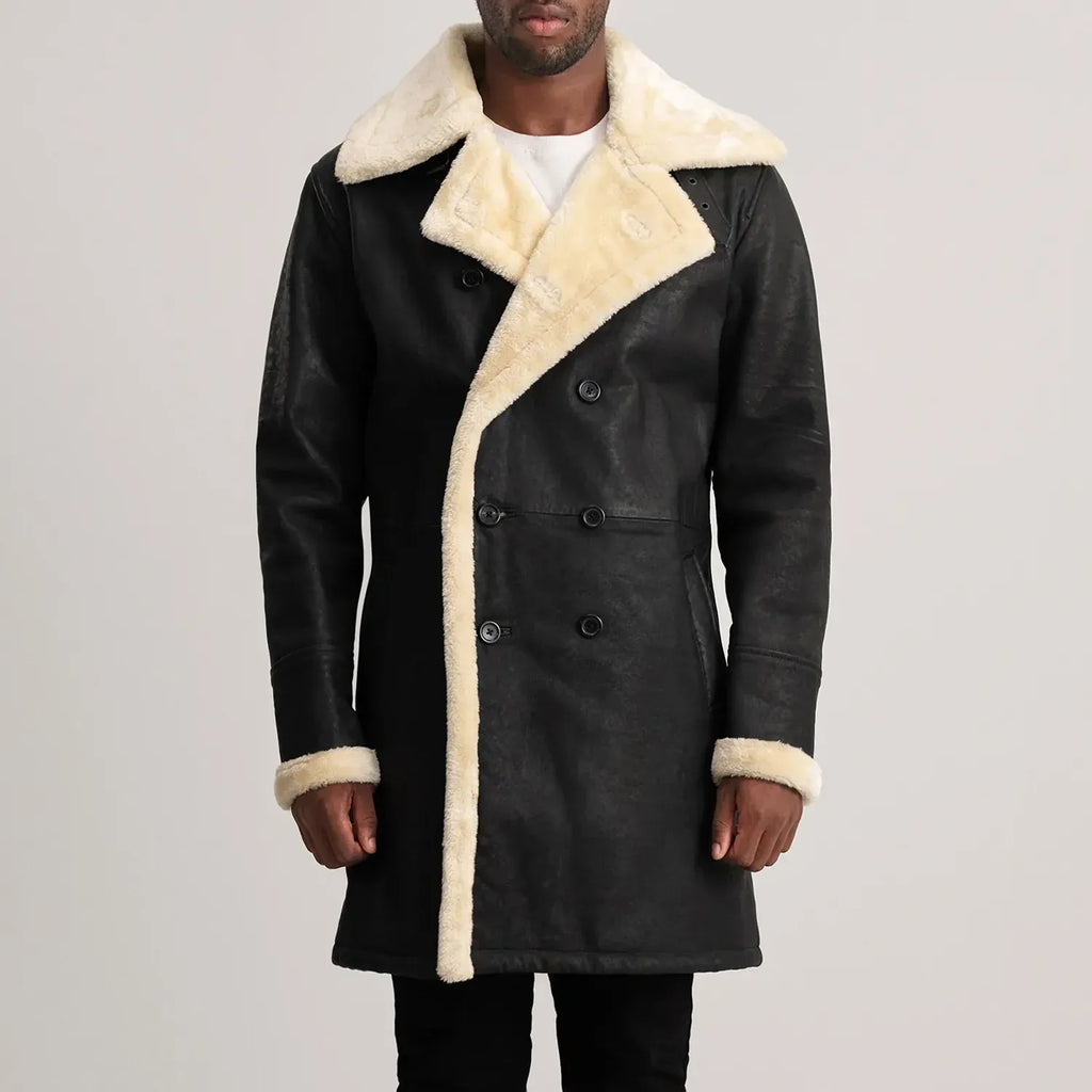 Kingston Black Leather Shearling Double-Breasted Coat