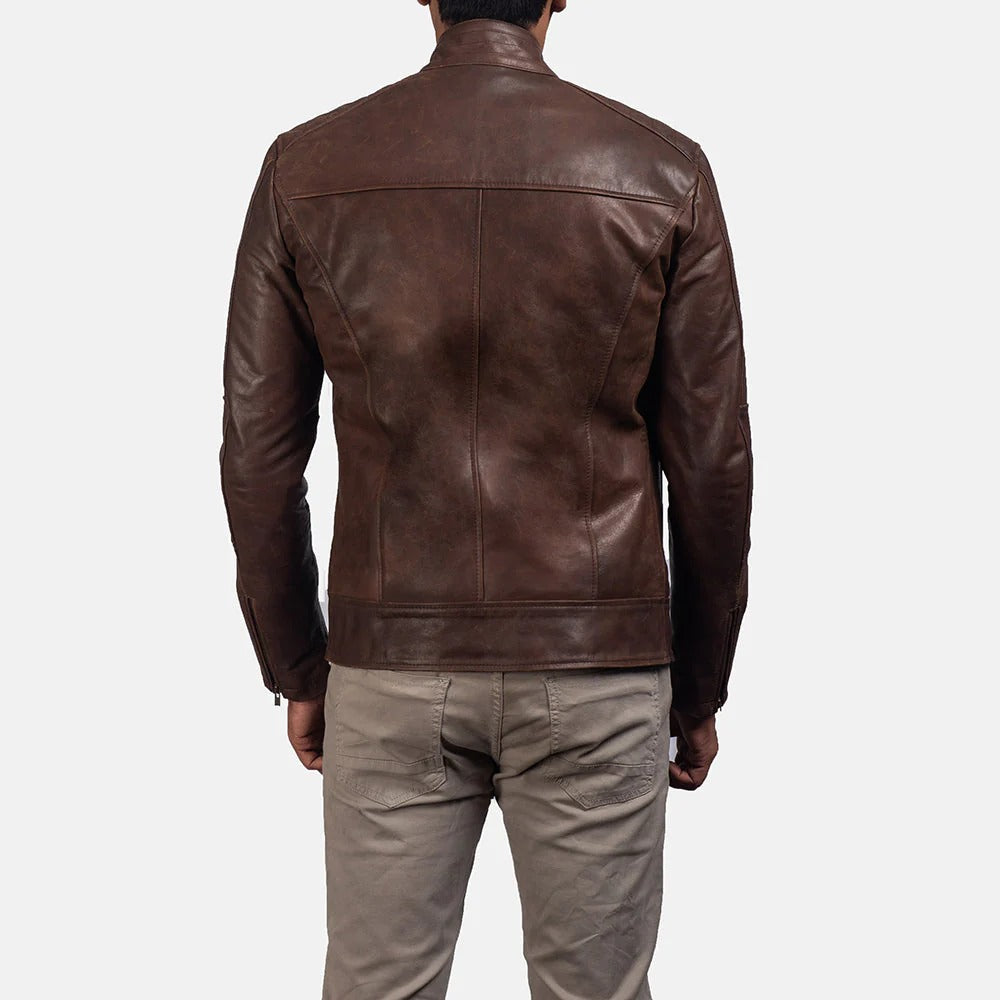 Men's Brown Genuine Leather Cafe Racer Jacket